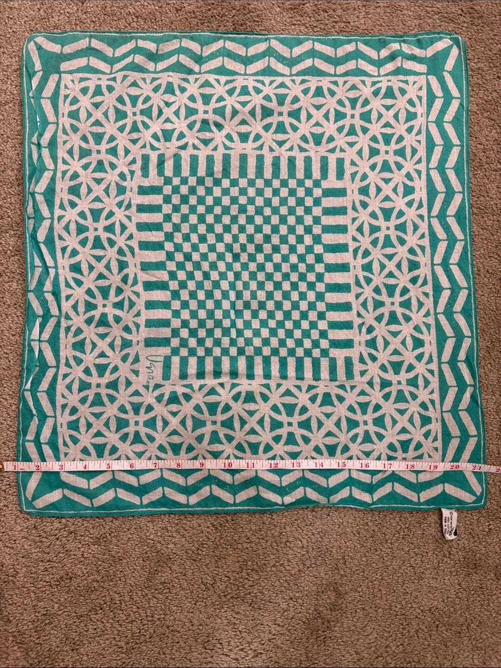Turquoise and White Geometric Square Scarf 100% Cotton